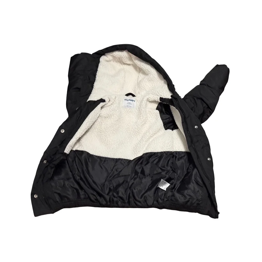 Old Navy Boys Black Sherpa Lined Puffer Jacket Water Resistant Hooded Size S 6-7
